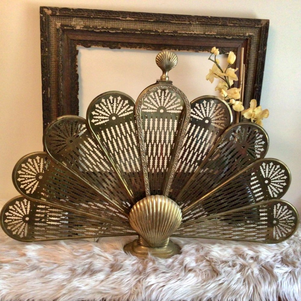 Vintage Brass Peacock Fan Fireplace Screen with Seashell Motif